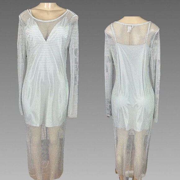 House of Harlow 1960 L Gray Sheer Mesh Crystal Detail Long Sleeve Maxi Dress - Picture 6 of 7
